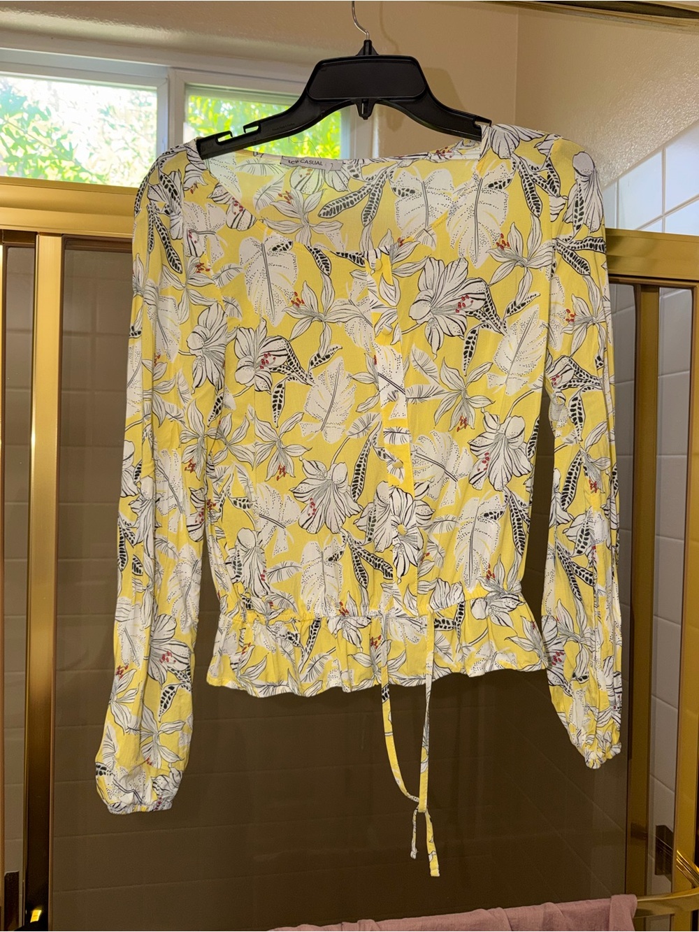 Yellow Floral Tie-Front Long-Sleeve Peplum Blouse